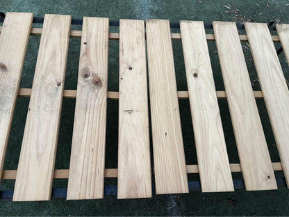 Antique steel single bed frame with wheels solid timber slats and