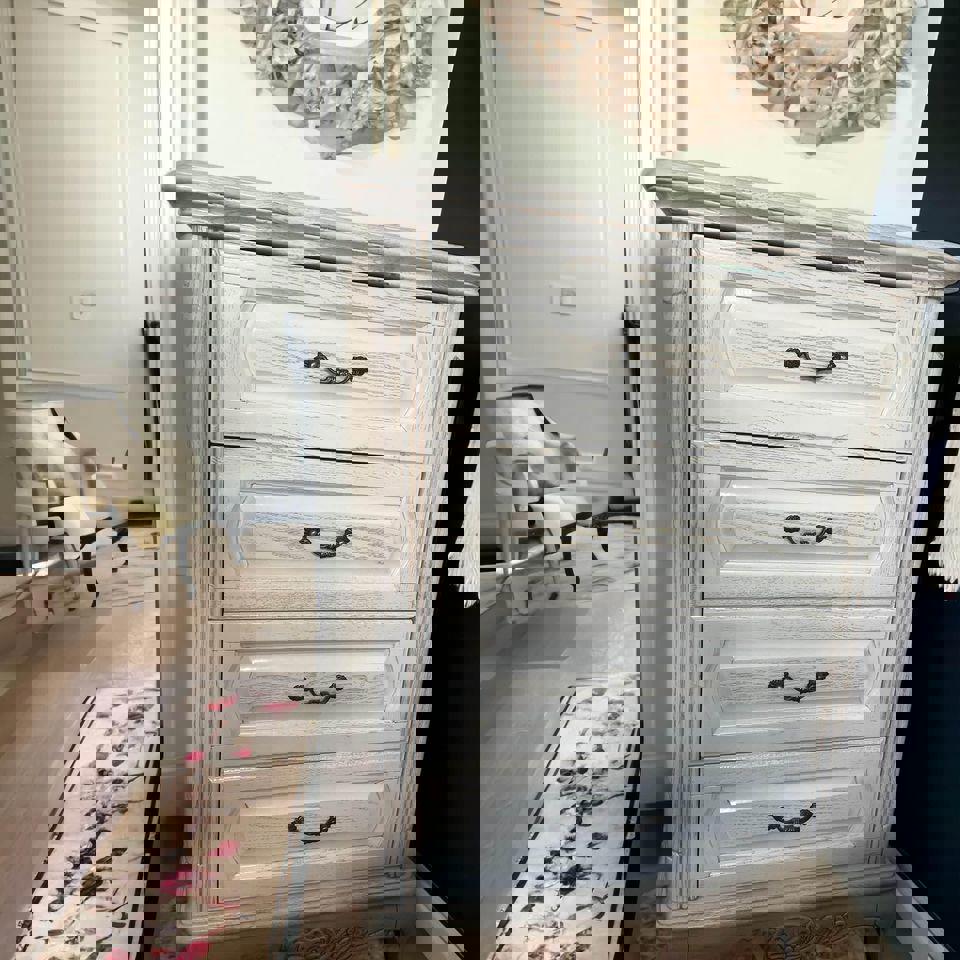 White antique style French cabinet tall boy chest of drawers full length mirror bedside tables