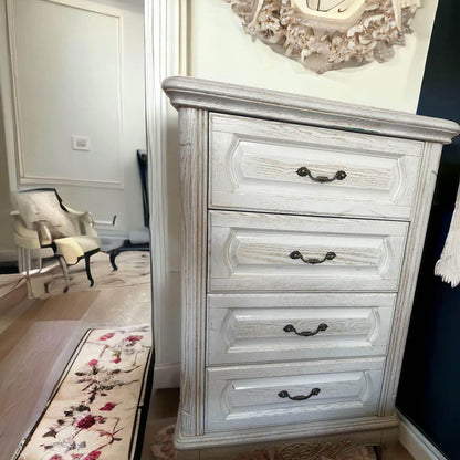 White antique style French cabinet tall boy chest of drawers full length mirror bedside tables