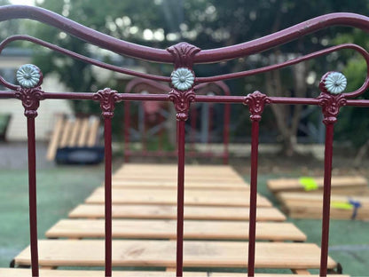 Antique steel single bed frame with wheels solid timber slats and