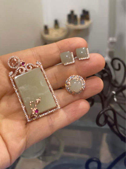 Matching Jade pendant earrings and ring set rose gold plated in silver brand new gift present