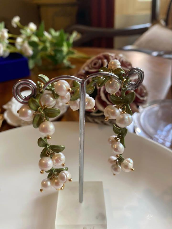 Handmade Women Lily Bell orchid Cultured Pearl Vintage Bracelets& pendent