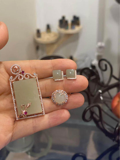 Matching Jade pendant earrings and ring set rose gold plated in silver brand new gift present