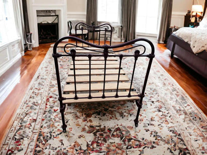 Antique steel single bed frame with wheels solid timber slats and