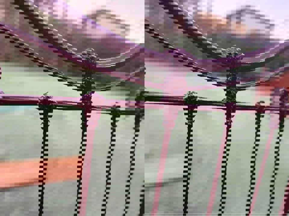 Antique steel single bed frame with wheels solid timber slats and