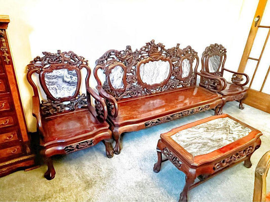 Antique Qing Dynasty 150 years old Sofa Set  Hand-Carved Rosewood & Marble