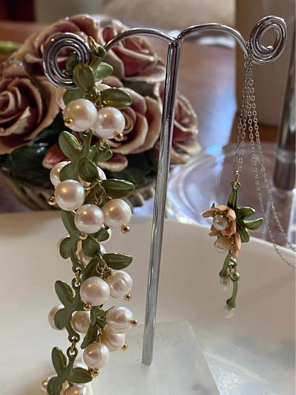 Handmade Women Lily Bell orchid Cultured Pearl Vintage Bracelets& pendent