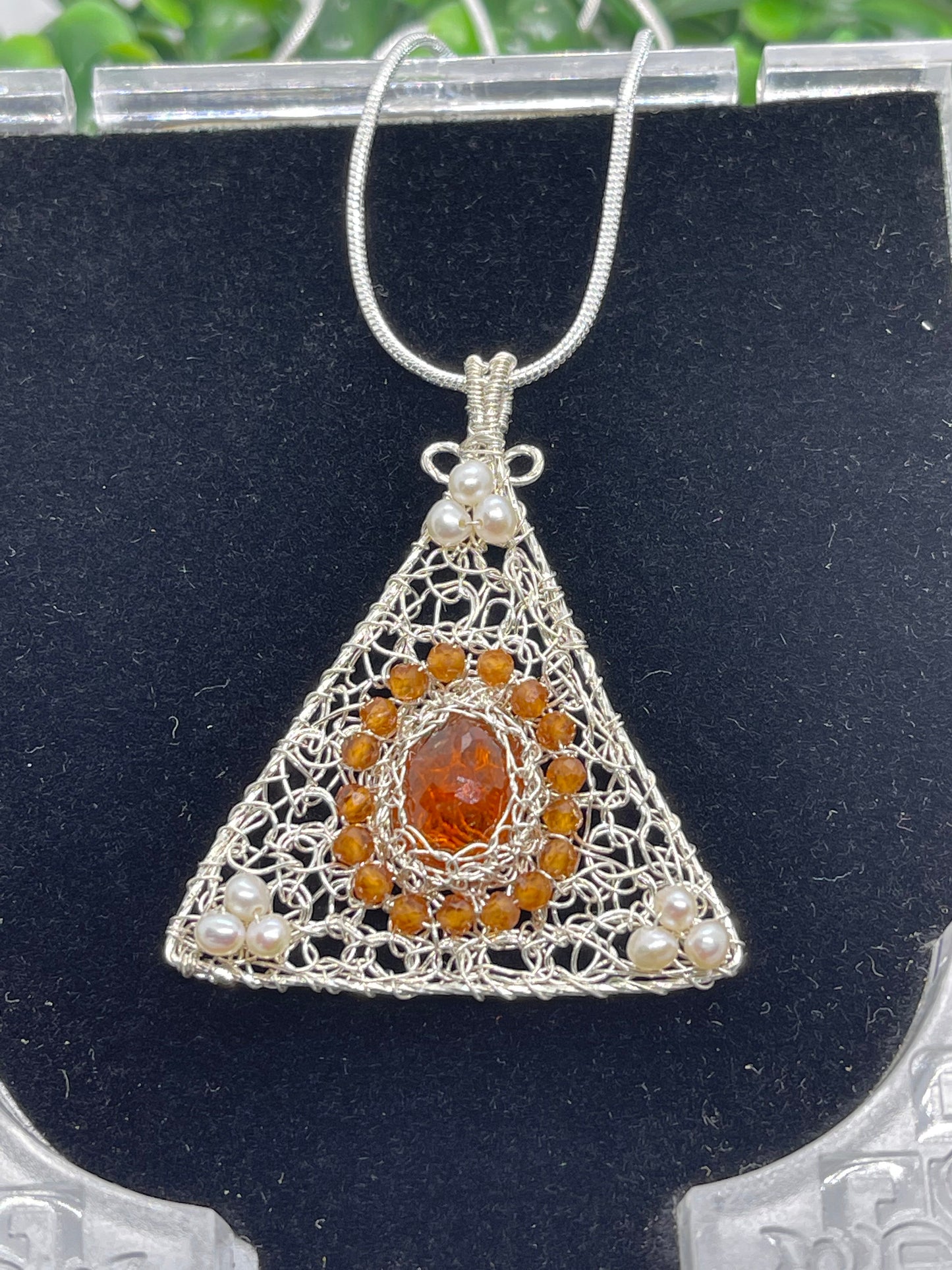 8 ct Natural yellow sapphire pendant, Sterling silver pendant Seed pearls, antique, handmade, triangle, Sterling silver,  Pendant, Gift