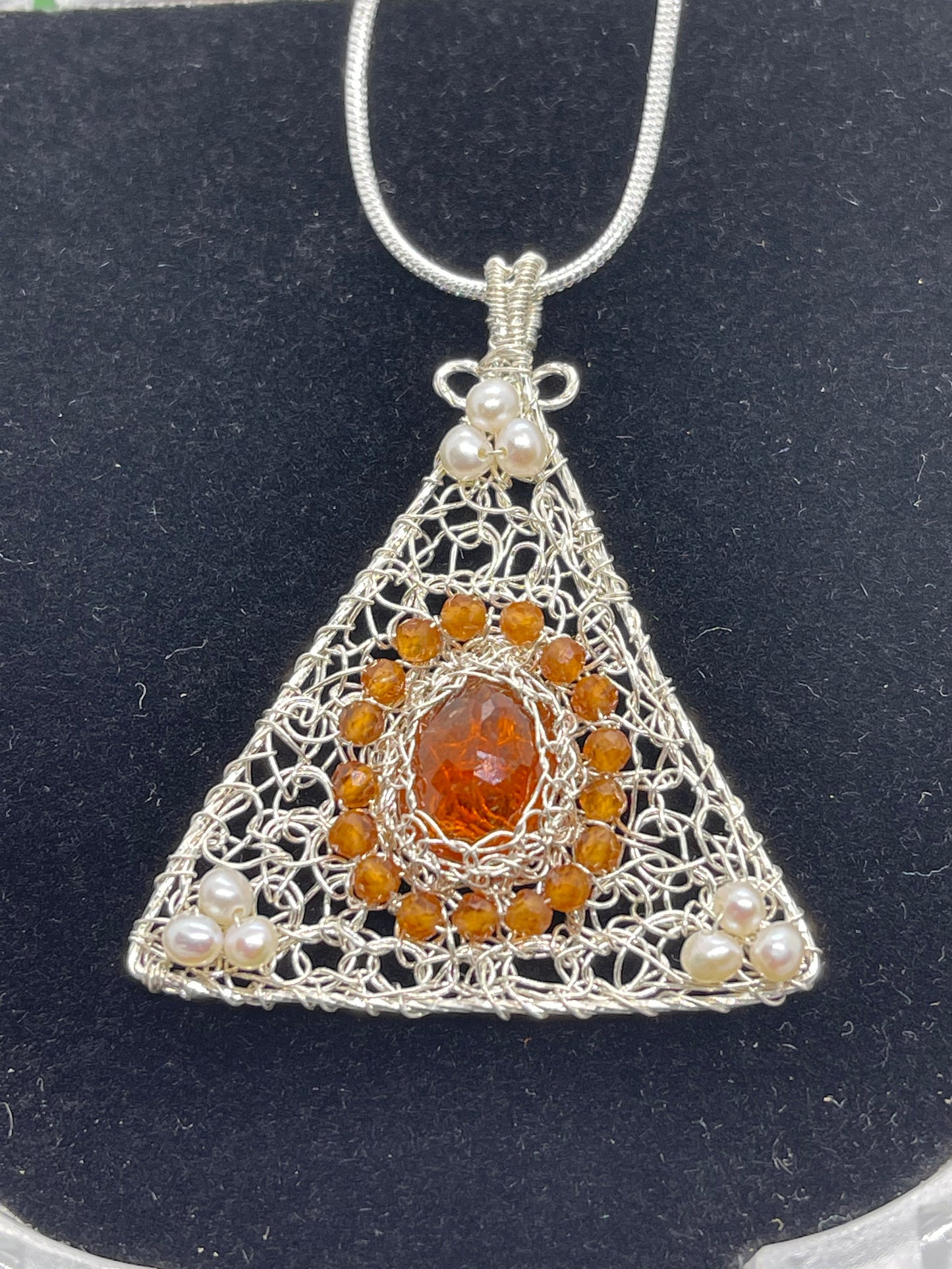 8 ct Natural yellow sapphire pendant, Sterling silver pendant Seed pearls, antique, handmade, triangle, Sterling silver,  Pendant, Gift