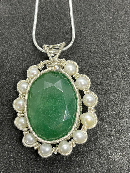 107ct Natural emerald pendant, two side wearing, Sterling silver pendant Seed pearls, antique, handmade,  Sterling silver,  Pendant, Gift