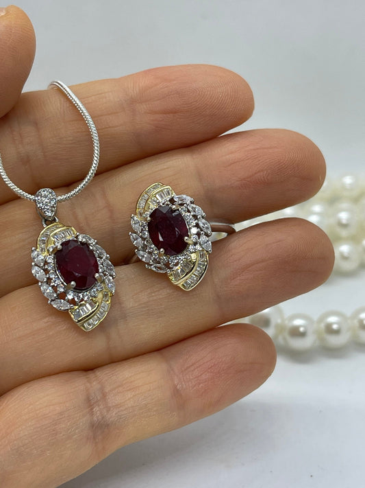 18K Gold plated Natural ruby pendant and Ring, Sterling silver pendant, two tones, handmade,  Sterling silver,  Pendant, Ring, Gift